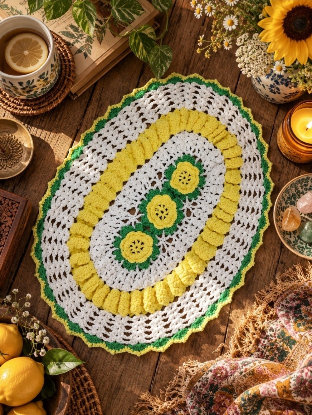 4/$15 Vintage Handmade Crochet Floral Doily 12x8 | Cottagecore Grandmillennial